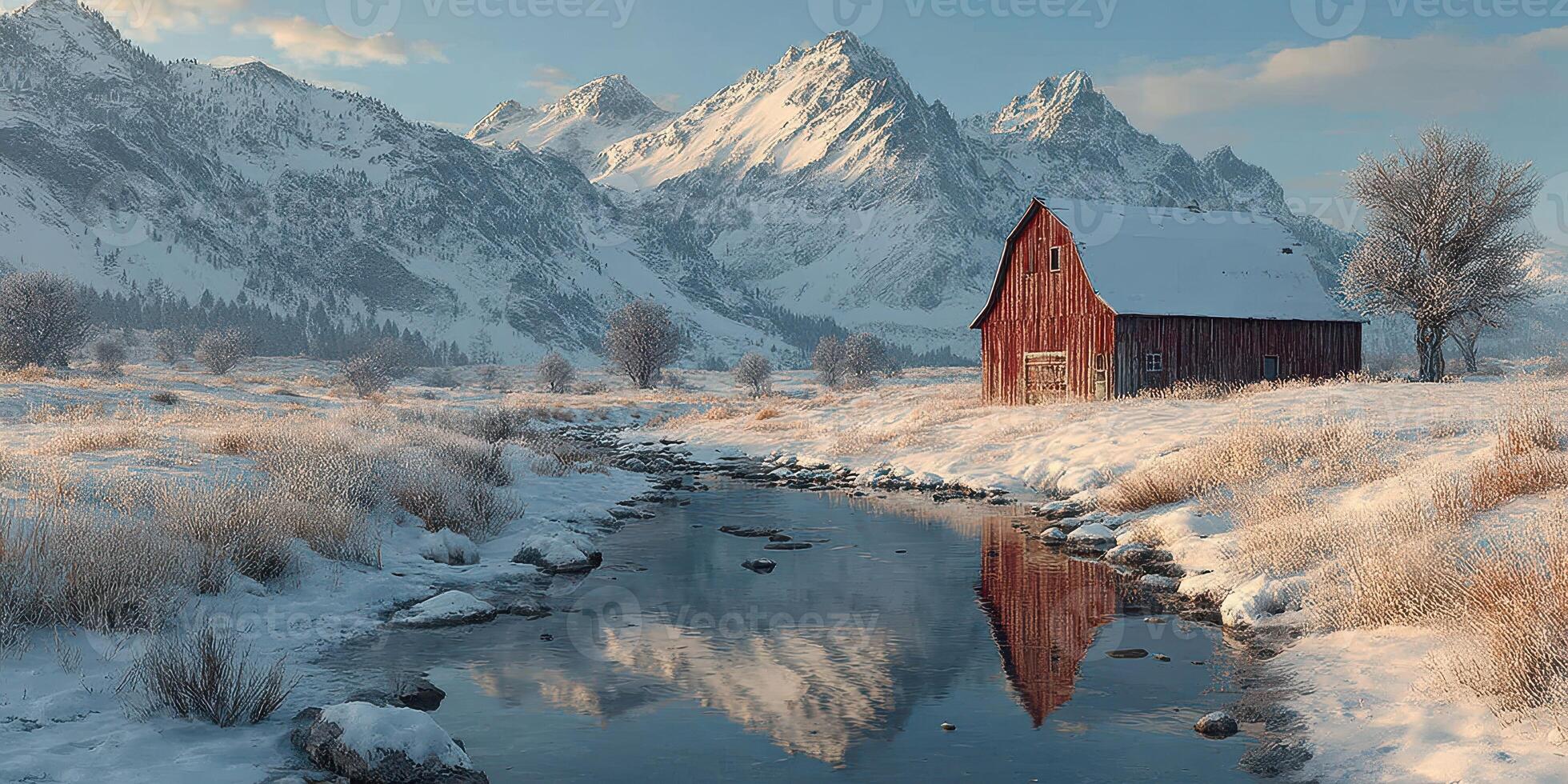 Snow-covered cabin reflects in tranquil stream beneath majestic mountain peaks at dawn photo