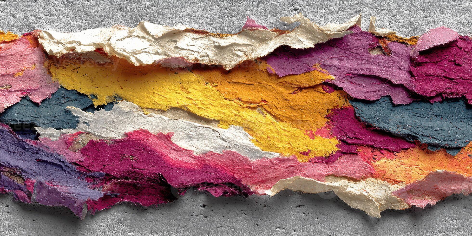 Colorful layers of torn paper creating an artistic texture on a textured surface photo