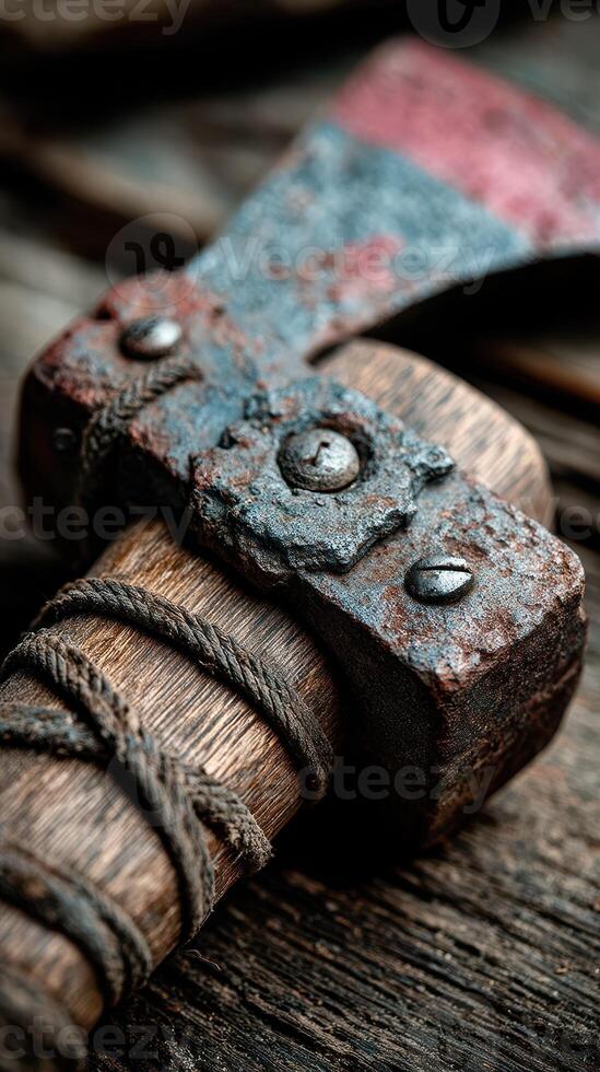 Rusty axe resting on a weathered wooden surface surrounded by natural light in a rustic setting photo