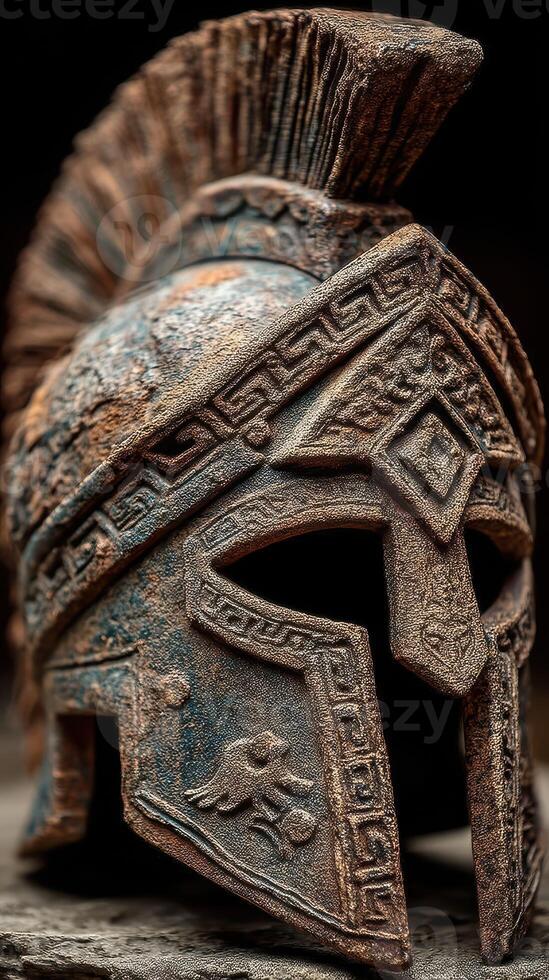 Detailed view of a weathered Spartan helmet showcasing ancient craftsmanship and historical significance from a long-lost era photo