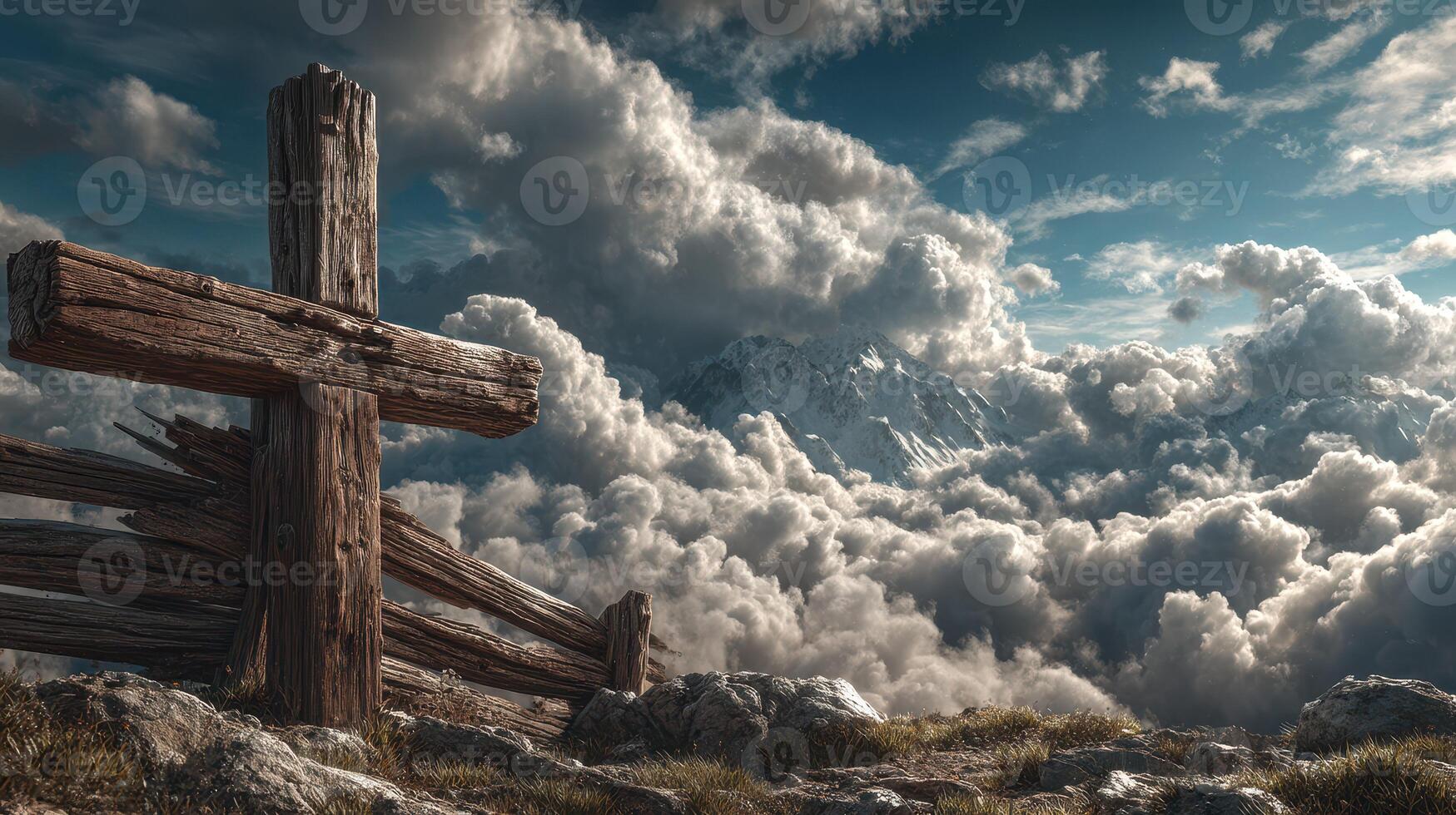 Clouds surround a wooden cross on a mountain peak under a dramatic sky at sunset photo