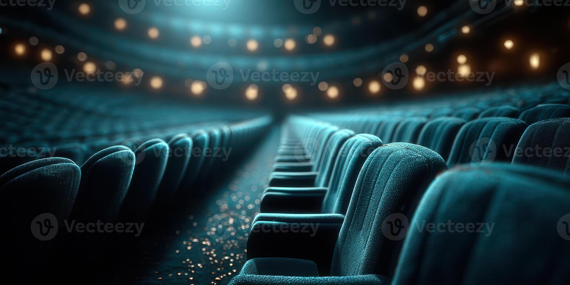 Empty theater seats illuminated by soft lighting create an atmosphere of anticipation before an evening performance photo