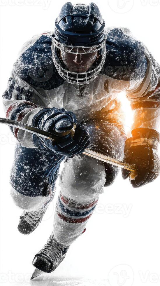Ice hockey player speeding through snow with determination during a competitive match at a frozen rink photo