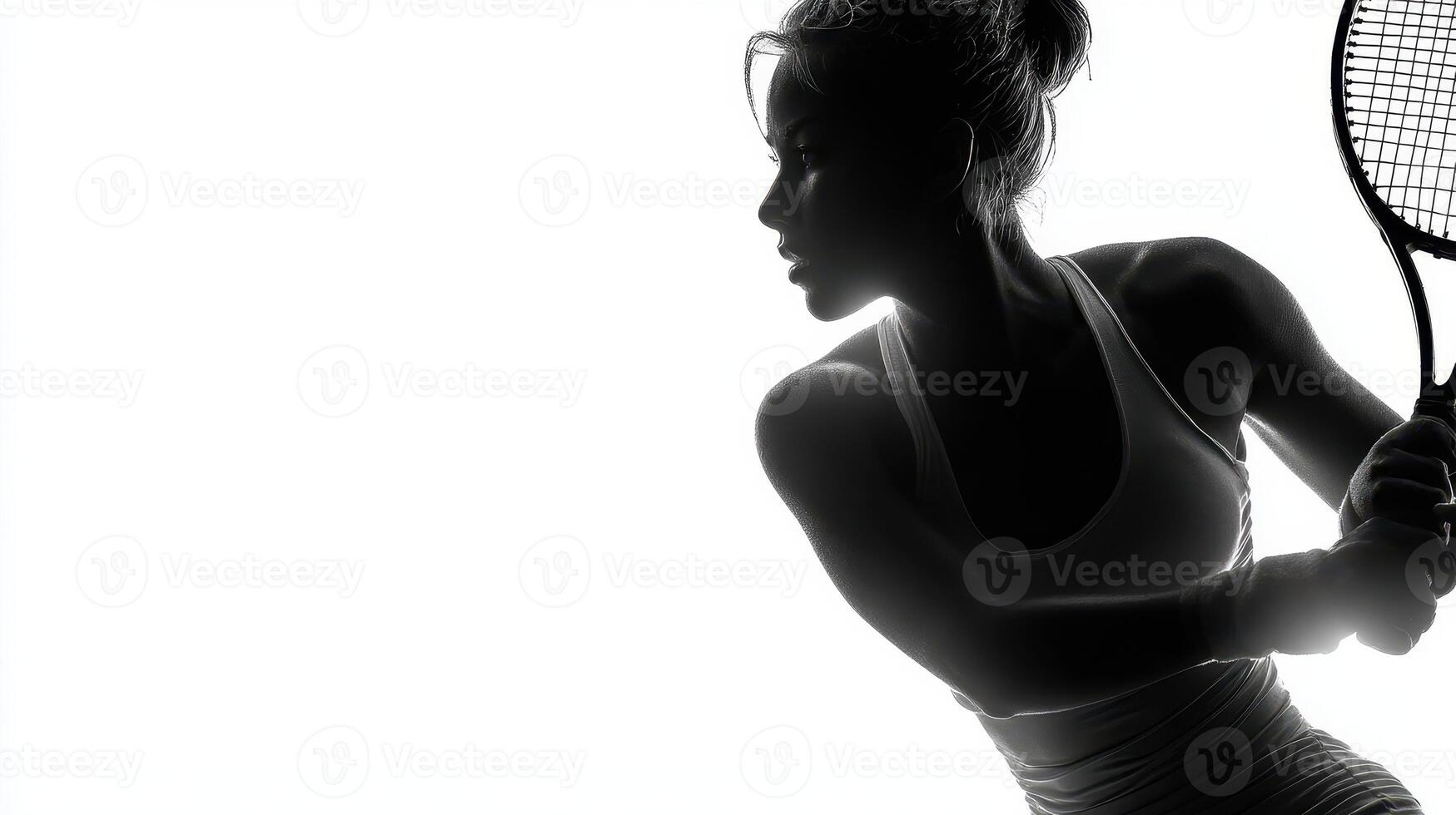 Silhouette of a female tennis player focusing on a backhand stroke in an intense match photo