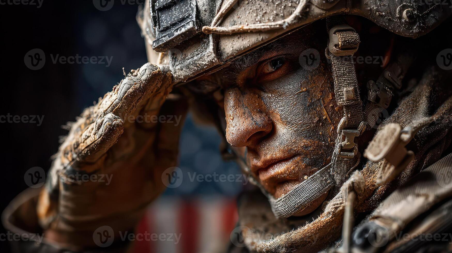 Portrait of a soldier saluting with determination in a dusty environment during a military operation photo