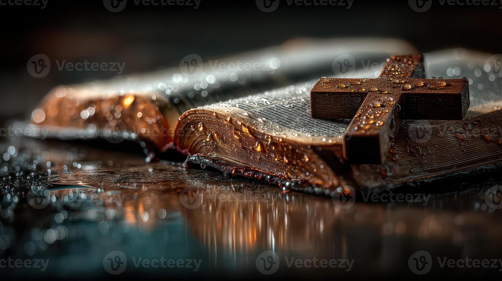 Religious scripture rests on wet surface with a wooden cross atop, showcasing themes of faith and reflection photo