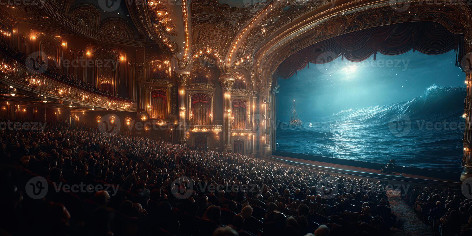 Spectacular theater performance featuring a scene of a stormy ocean at night with an audience captivated by the display photo