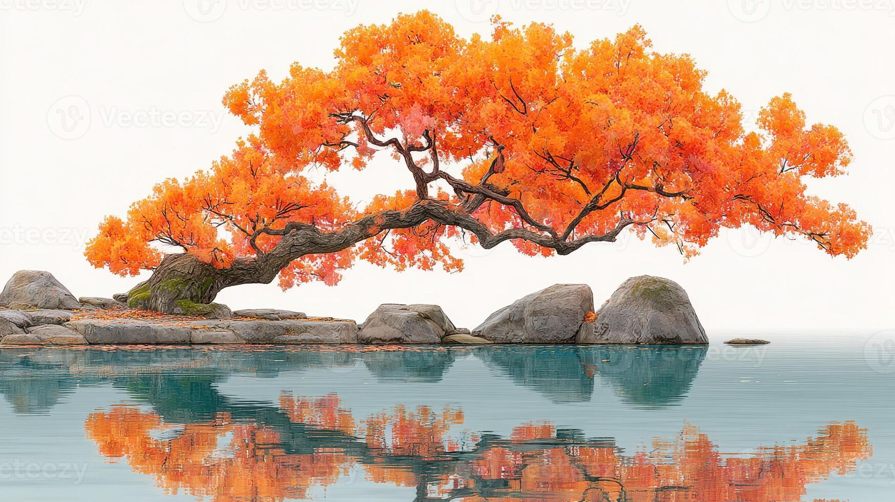 Vibrant autumn tree with orange leaves reflecting on calm water in serene landscape setting photo