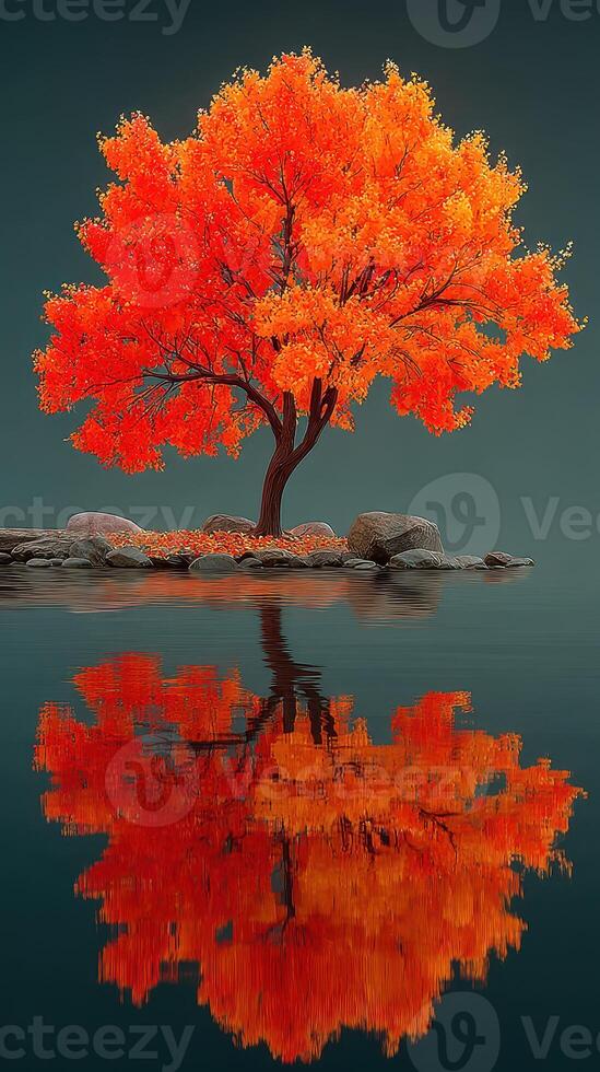Vibrant autumn tree reflects on calm lake surface in serene natural setting photo