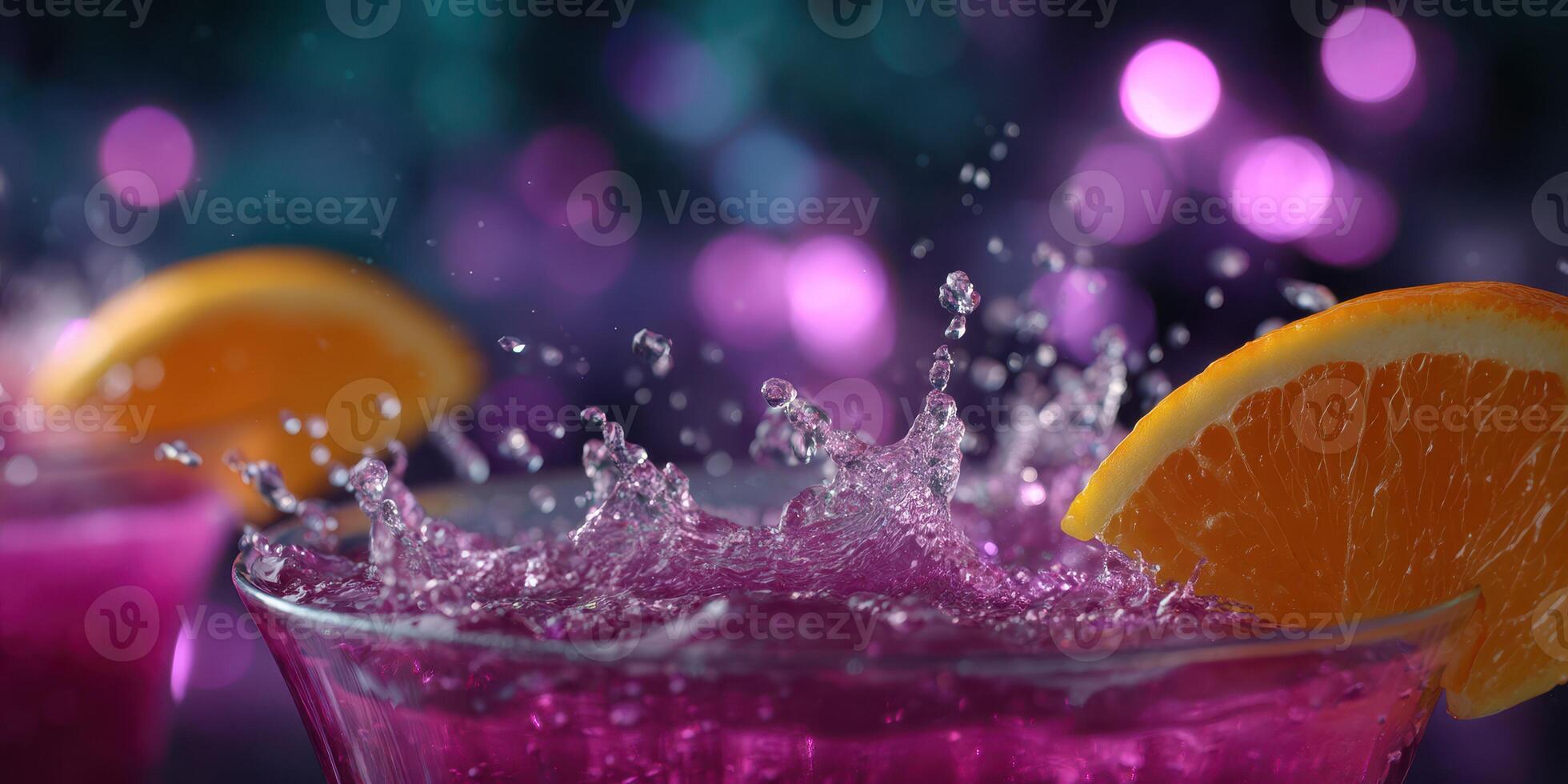 Colorful drinks splash with orange slices at a vibrant evening gathering in a lively setting photo