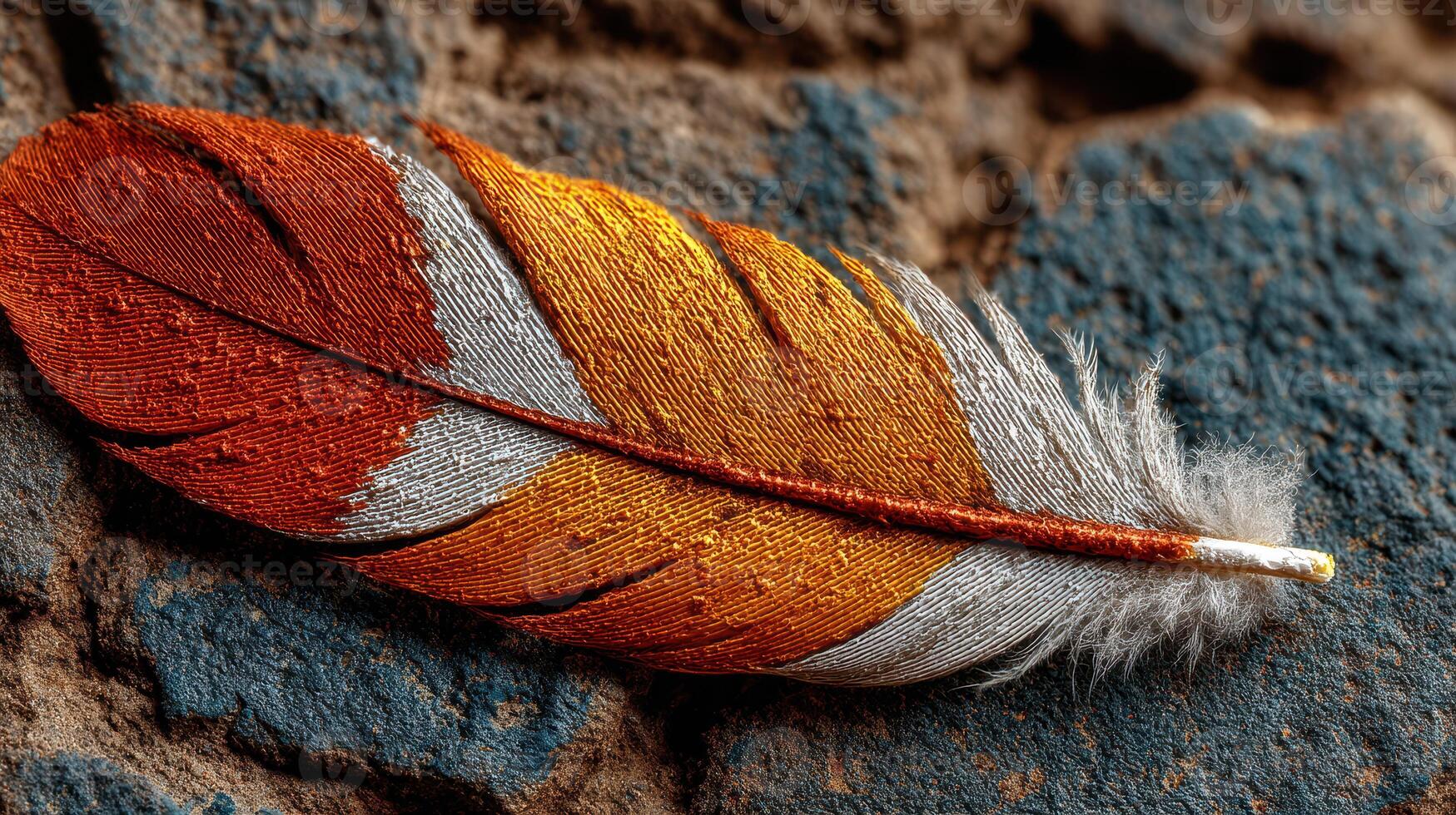Colorful feather resting on textured surface showcases intricate details of nature's artistry in vibrant shades photo