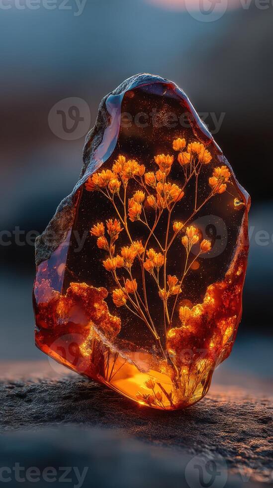 Stunning amber stone encapsulating delicate flowers in a mystical setting at sunset photo