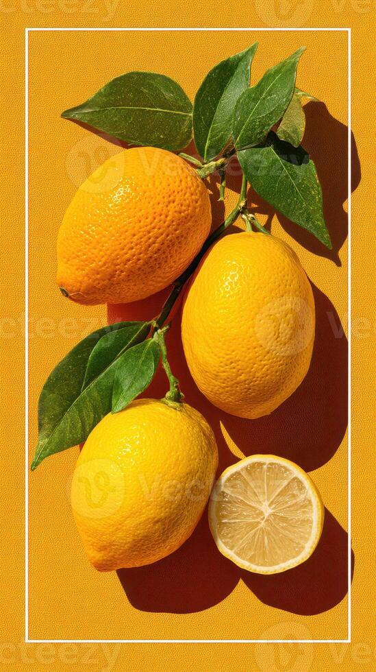 Fresh lemons and citrus on vibrant yellow background with green leaves in bright sunlight photo