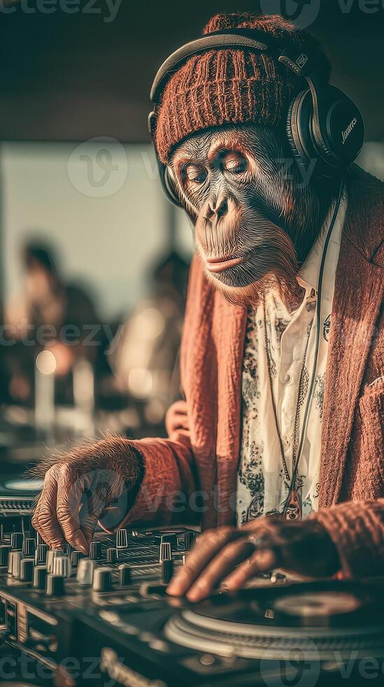 Unique DJ performance by a monkey in a vibrant nightclub setting during an evening event photo
