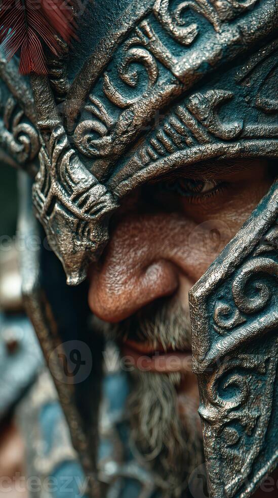 Intricate warrior helmet design highlights craftsmanship during historical reenactment in a forest setting photo