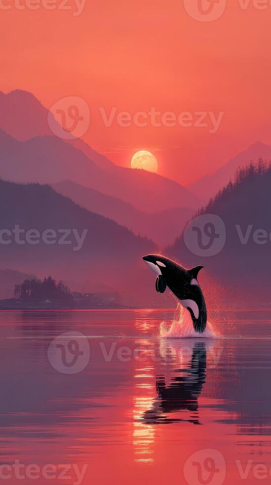 Orca breaching at sunset over tranquil waters in a scenic coastal landscape photo