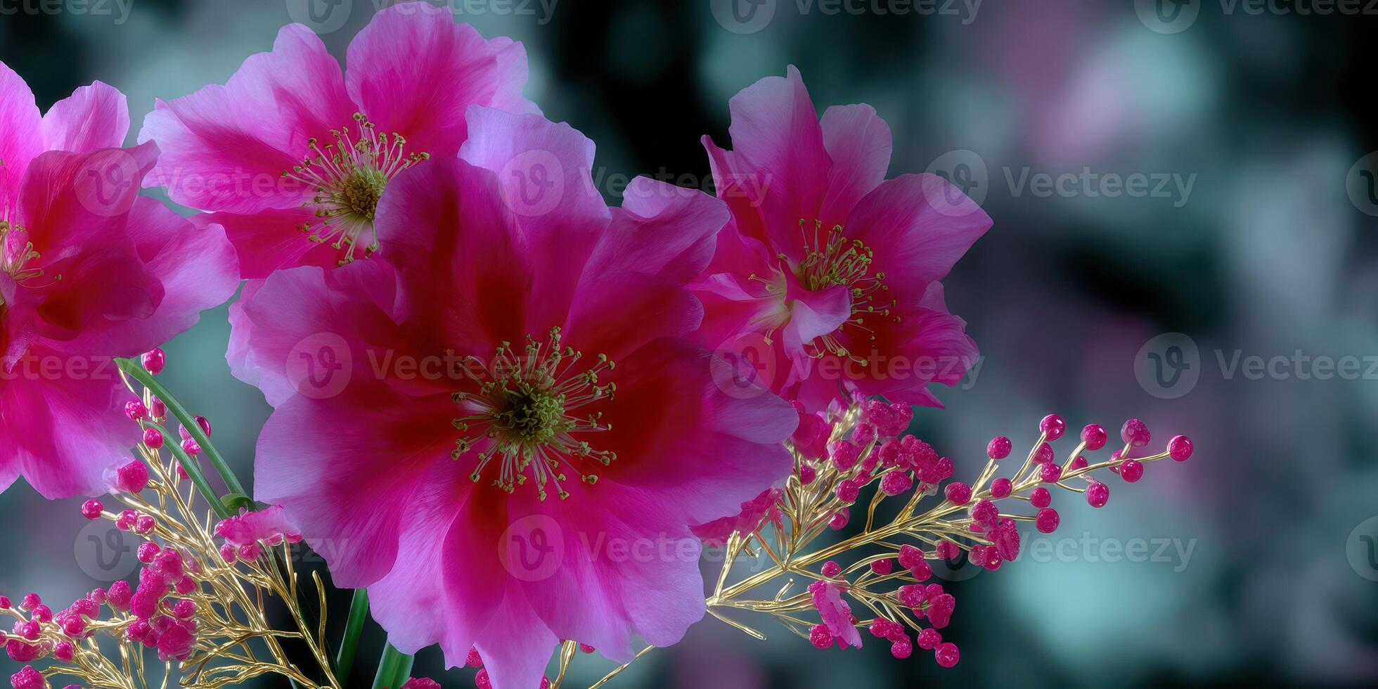 Vivid pink flowers in bloom with delicate accents and a blurred dark background creating a striking contrast photo