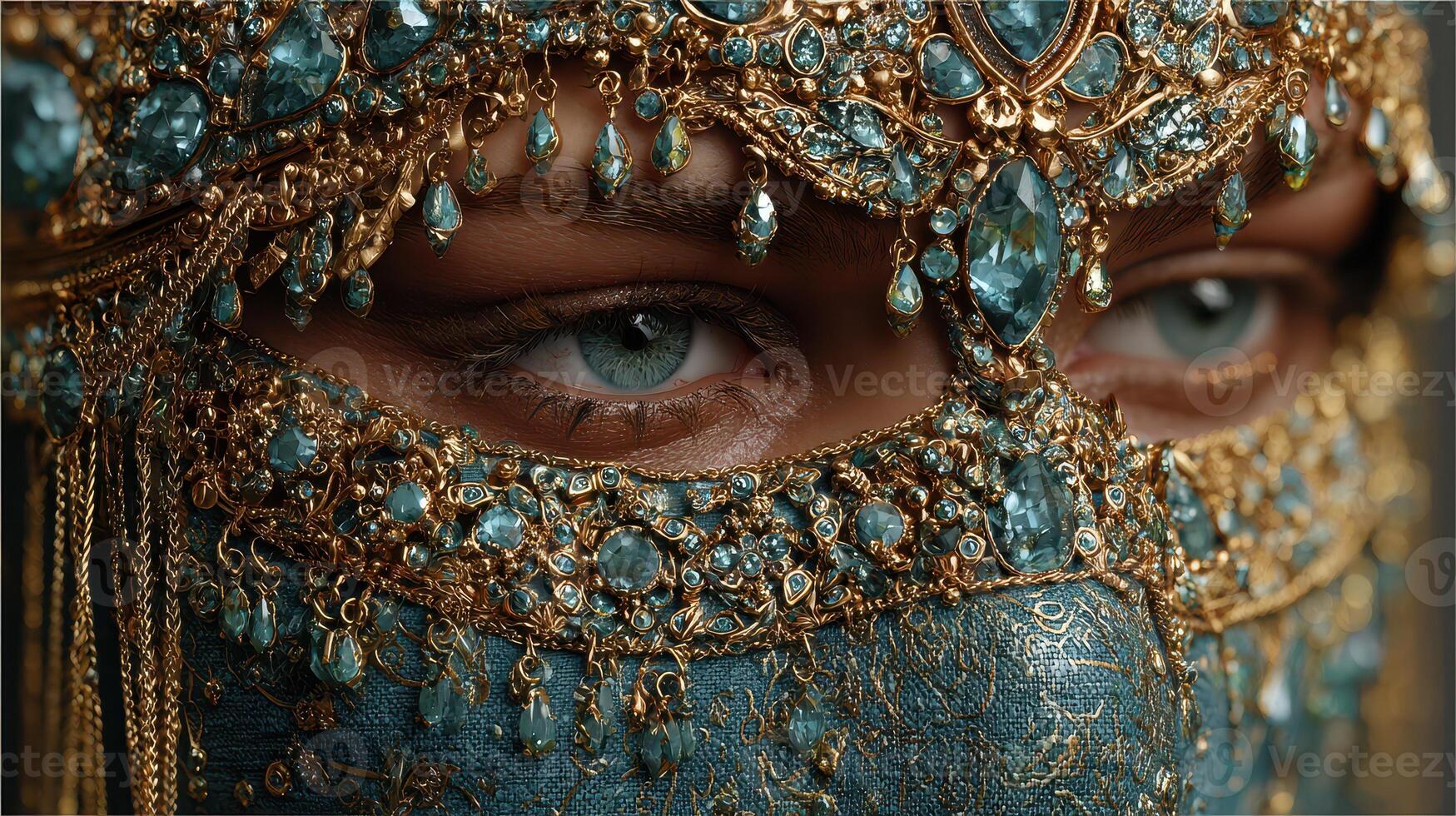 Intricate blue and gold headpiece adorns a person during a cultural celebration in an ornate setting photo