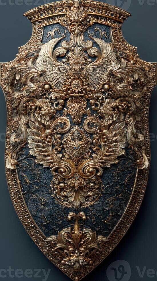 Intricate decorative shield featuring ornate designs and rich textures suitable for display photo