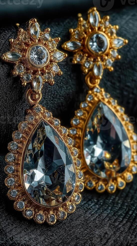 Glamorous golden earrings with sparkling gemstones showcased elegantly on dark fabric photo