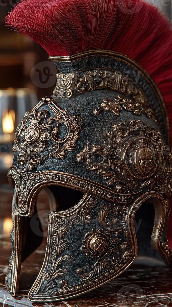 Detailed Roman gladiator helmet on display with ornate design and vibrant crest in a historical setting photo