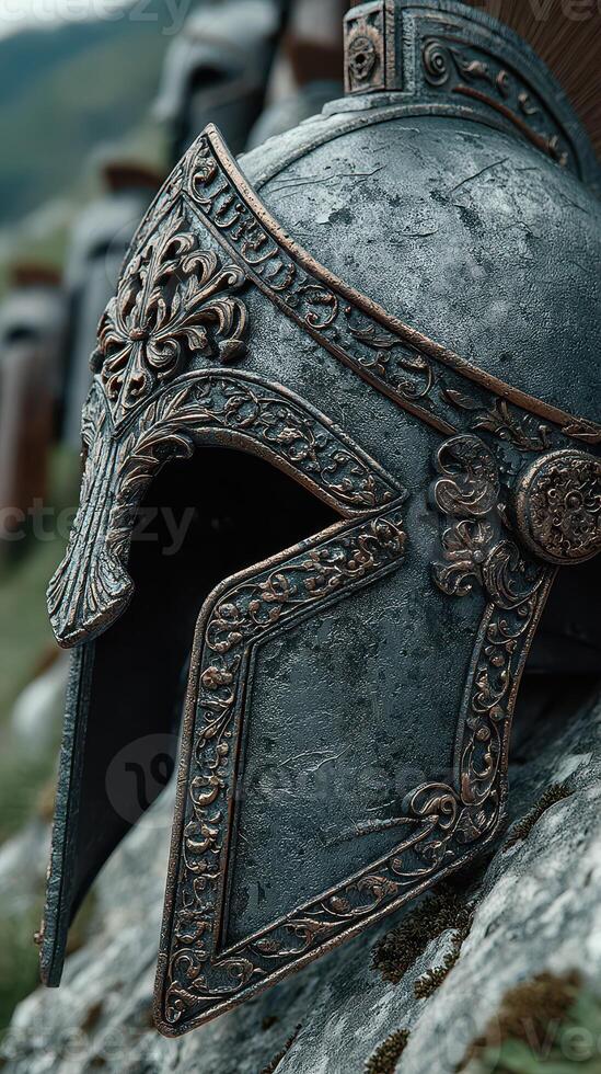 Intricately designed ancient helmet resting on stone in a historical reenactment setting photo