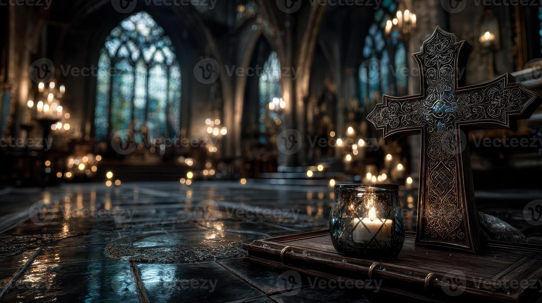 Mysterious Gothic setting with candles and a cross in an ancient cathedral during twilight hours photo