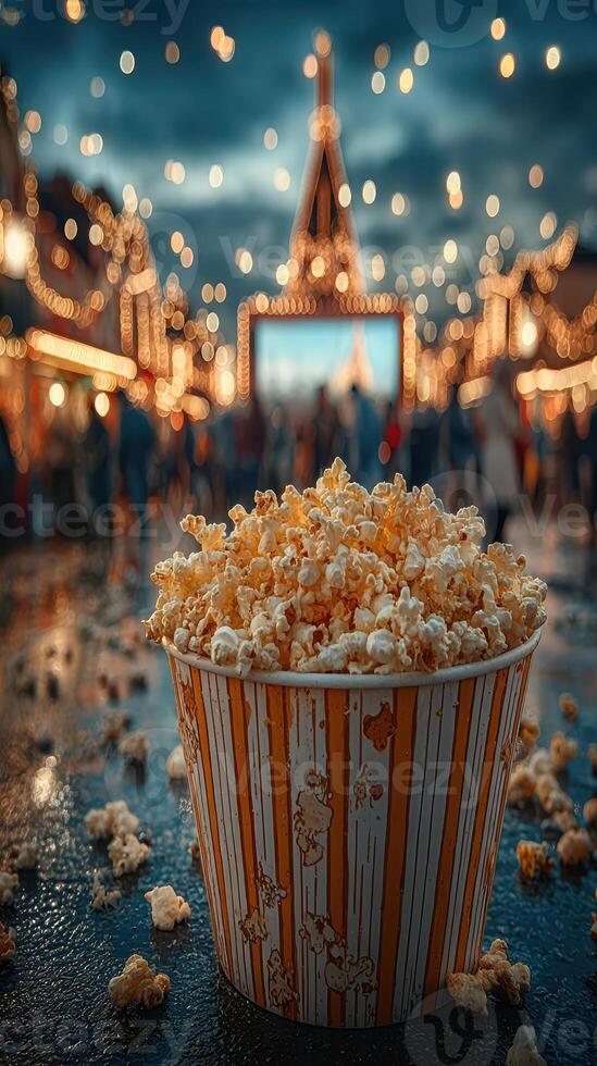 Crowd enjoying a vibrant nighttime festival with spilled popcorn in focus and lights gleaming in the background photo