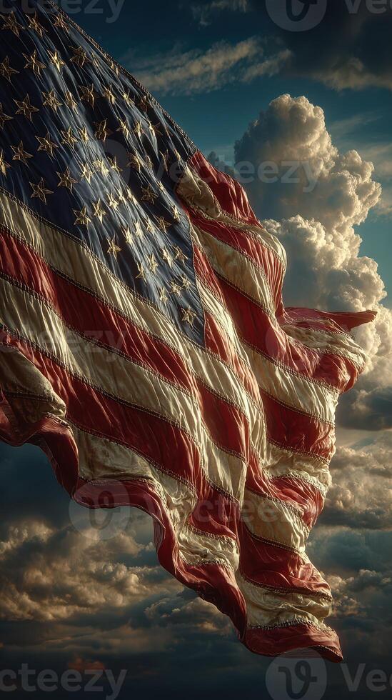 Waving American flag against a backdrop of dramatic clouds at dusk photo