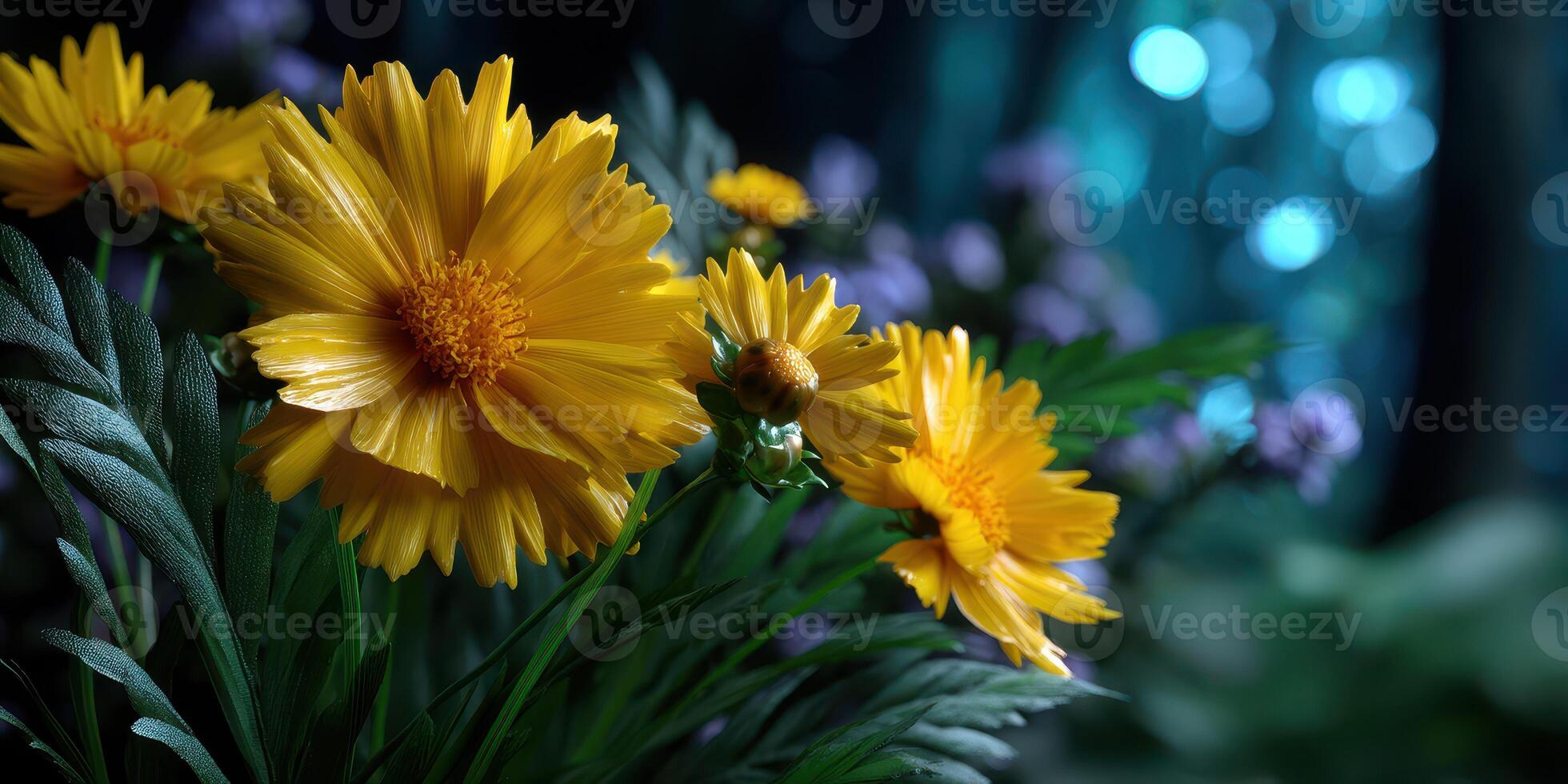 Vibrant yellow flowers bloom under soft blue lighting in a serene garden setting during dusk photo
