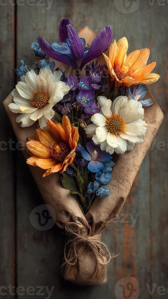 Colorful bouquet of dried flowers wrapped in brown paper on rustic background photo