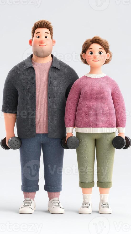 Couple holding dumbbells smiling together in a modern, minimalistic fitness setting photo