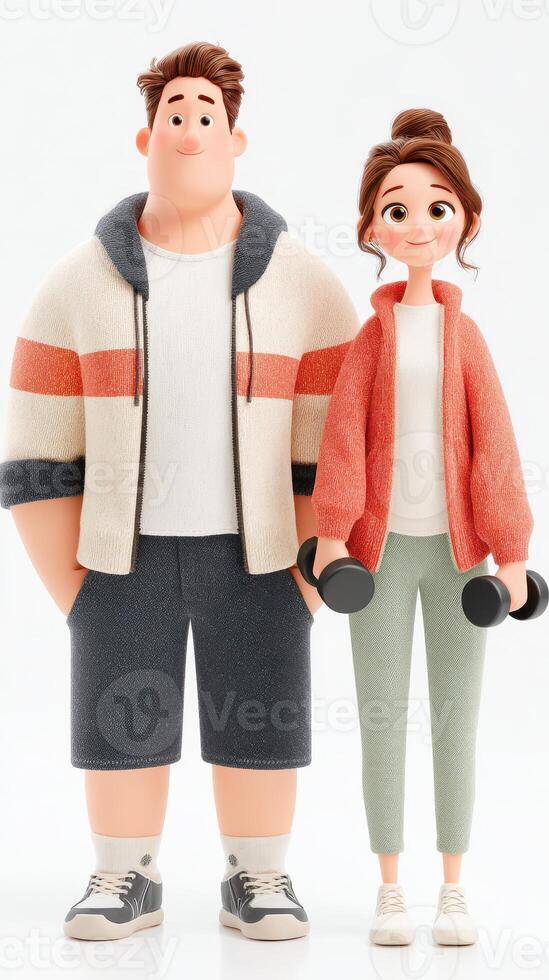 Cute animated couple in workout attire preparing for a fitness session indoors during a sunny day photo