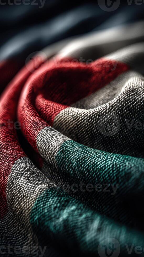 Close-up of colorful fabric showcasing intricate textures in soft lighting photo