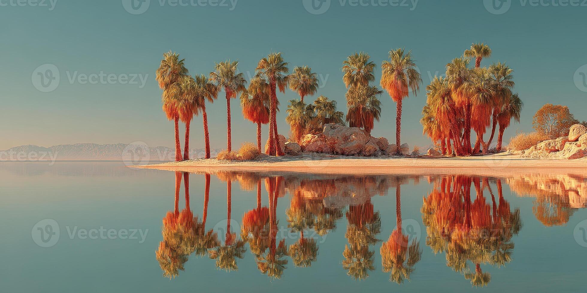 Picturesque palm trees reflected in calm water at sunset on serene beach island photo