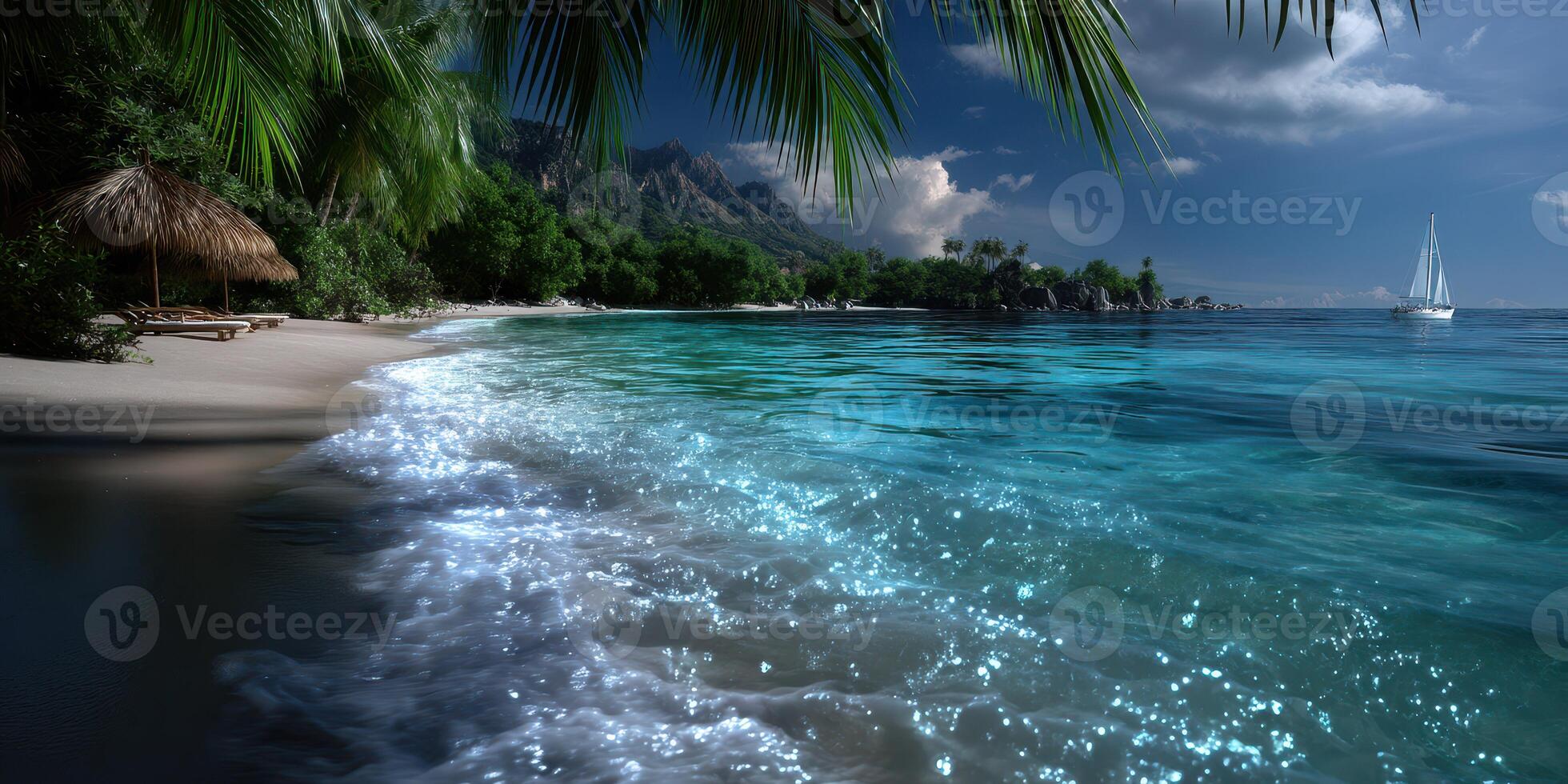 Tranquil beach with clear turquoise water and gentle waves at dusk near tropical vegetation and a sailboat on the horizon photo