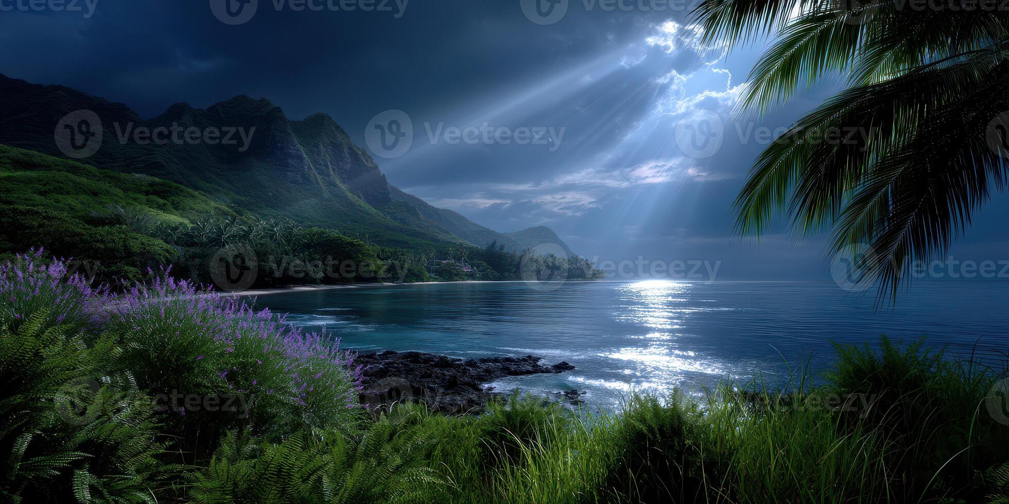 Scenic coastal view with mountains and palm trees illuminated by moonlight at night photo