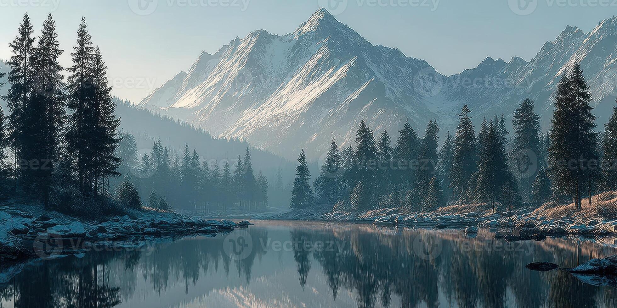 Serenity in the winter mountains with reflective lake and evergreen trees at dawn photo