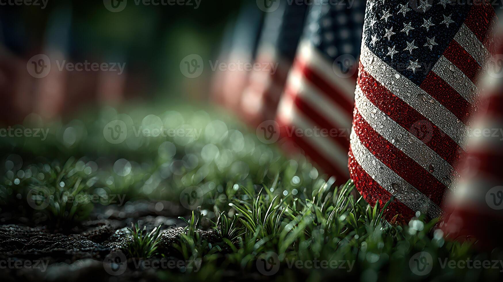 Flags adorned with raindrops stand proudly on a grassy field during a somber morning, symbolizing remembrance and honor photo