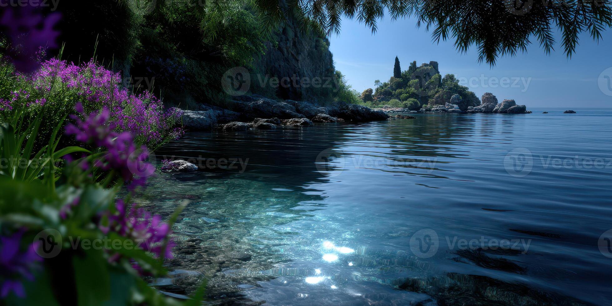 Calm waters reflect sunlight near a scenic coastline with blooming flowers and a historic castle in the background on a clear day photo