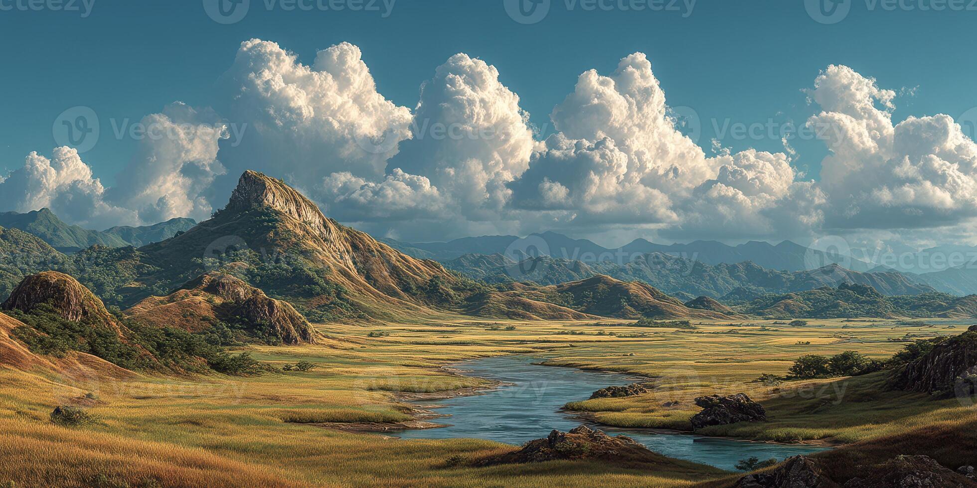 Vast landscape with rolling hills and dramatic clouds above a winding river in the afternoon sun photo