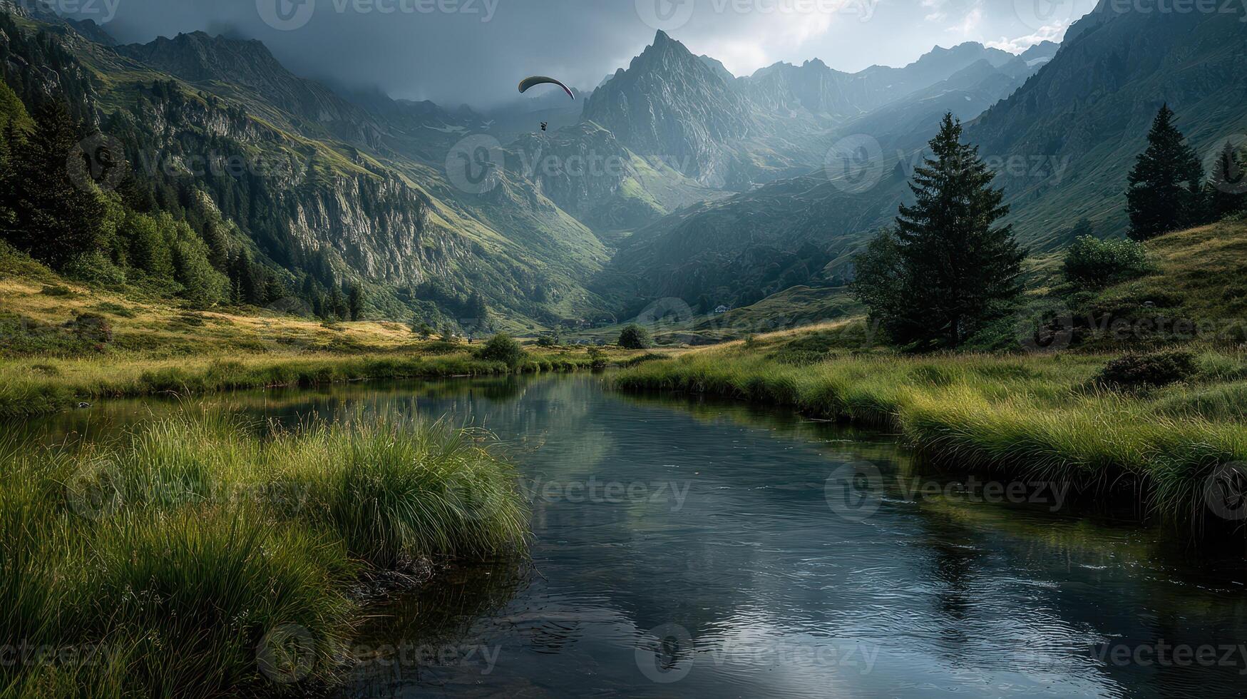 Gliding over a serene mountain landscape at the break of dawn in a lush valley surrounded by towering peaks photo