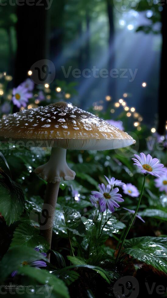 Enchanted forest with glowing mushroom and wildflowers under soft sunlight in a magical atmosphere photo