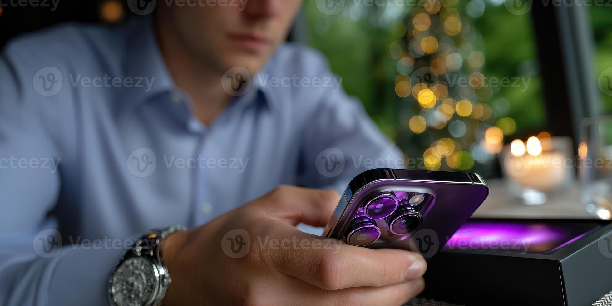 Young man using smartphone during evening gathering beside candles and decorated Christmas tree at a stylish venue photo
