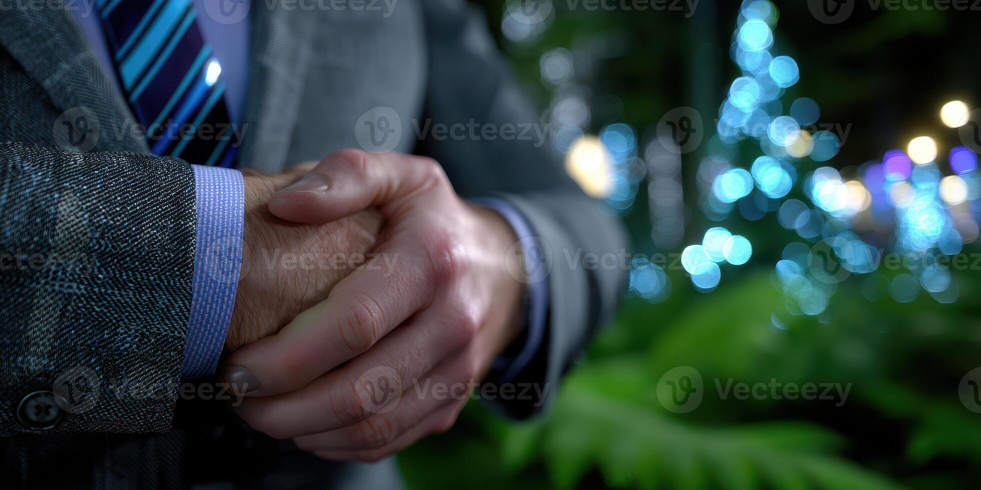 Elegant hands of a man dressed in a suit showcasing sophistication at an outdoor event during evening festivities photo
