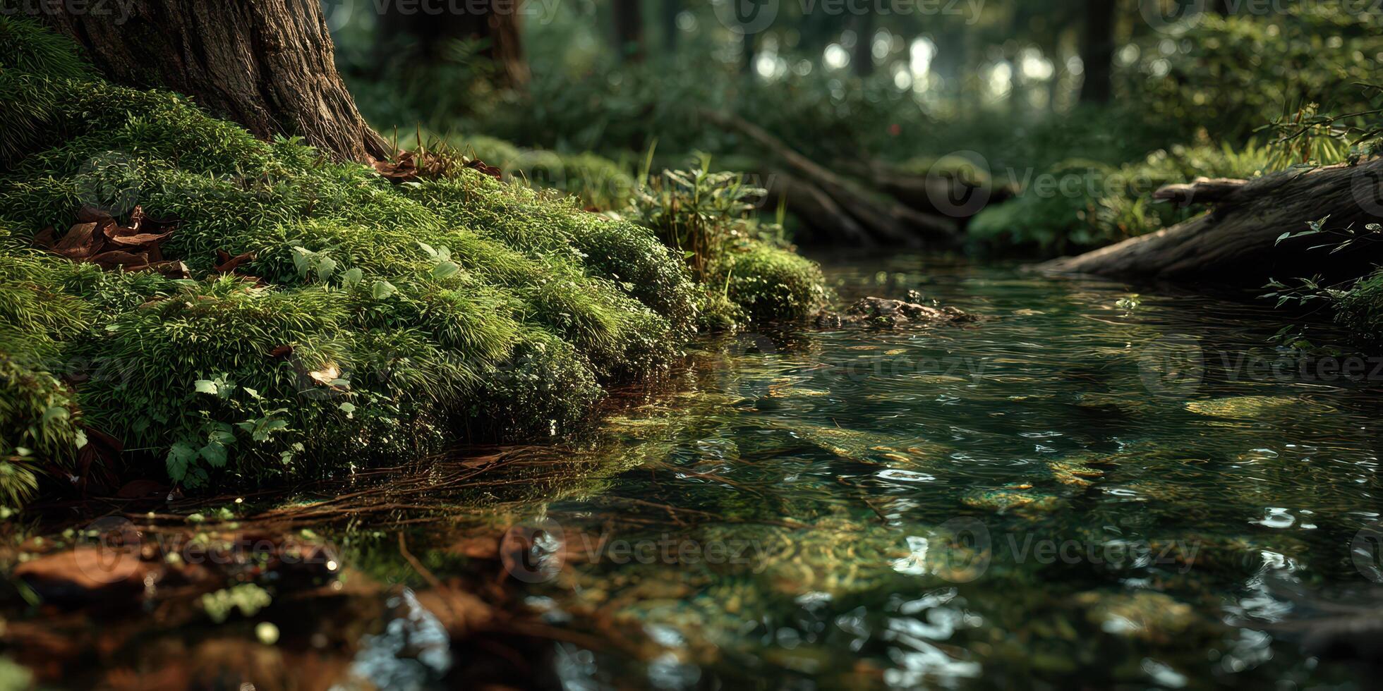 Serene forest pond reflecting trees and moss in natural sunlight during early morning hours photo