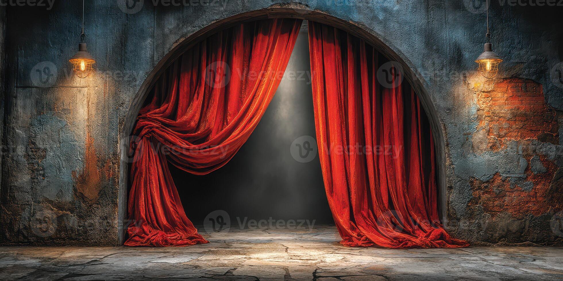 Red velvet curtains frame an empty stage in an atmospheric theater at dusk, awaiting the next performance to begin photo