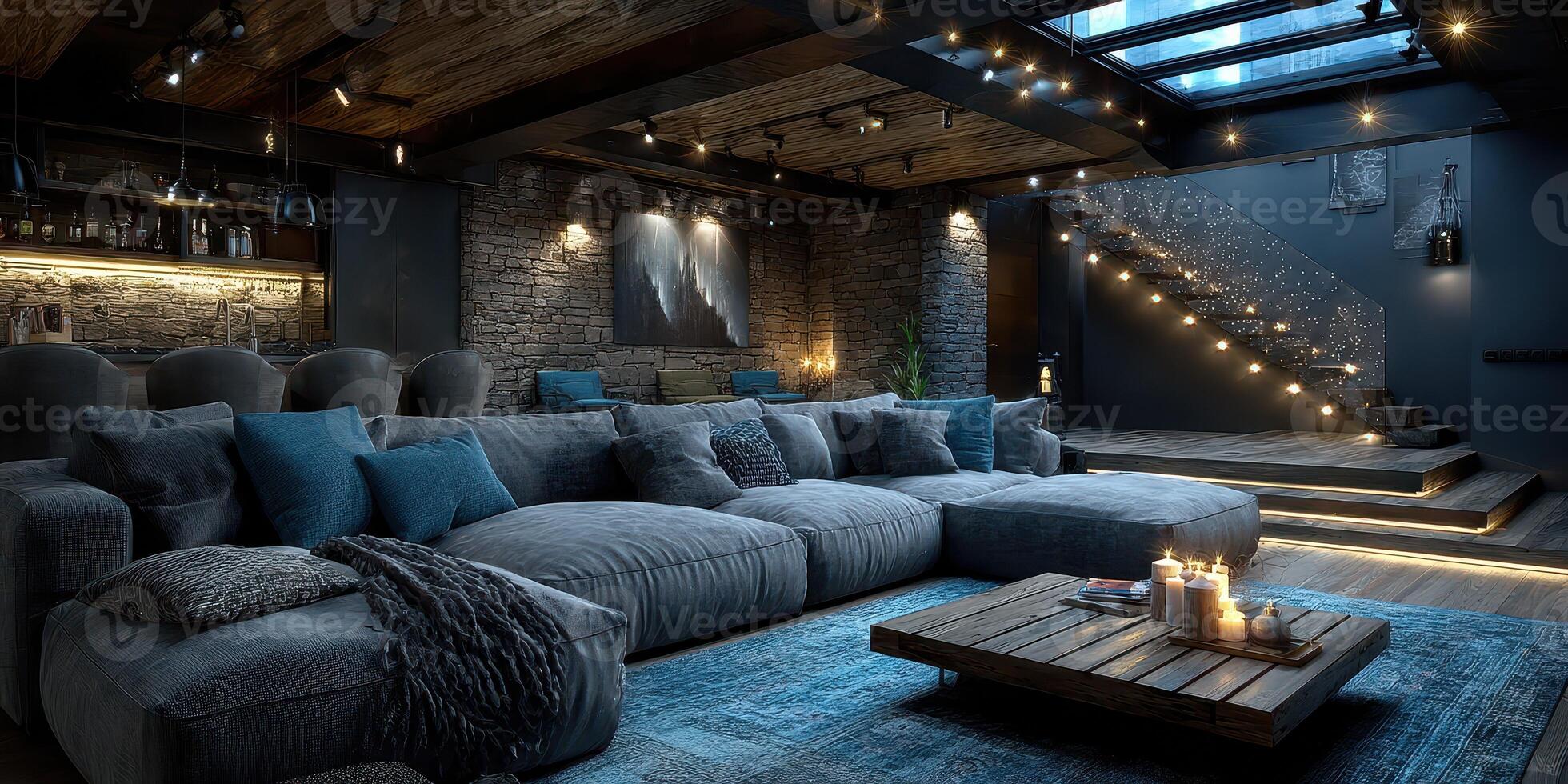 Modern cozy lounge with dark tones, plush seating, and warm lighting designed for relaxation and gatherings in an urban setting photo