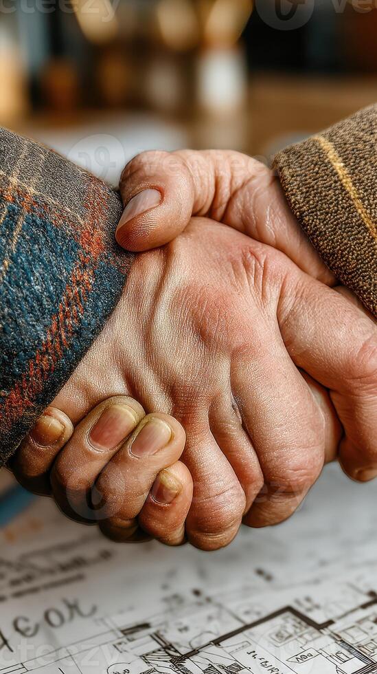 Handshake between two individuals indoors signifying agreement and collaboration during a meeting in a cozy setting photo