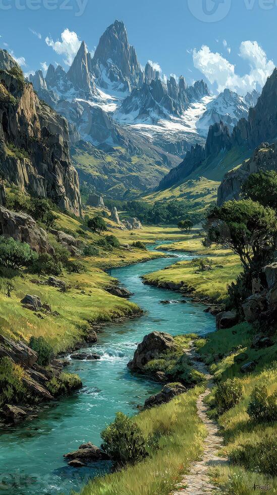 Majestic mountain landscape with a winding river under a clear blue sky in a serene setting photo